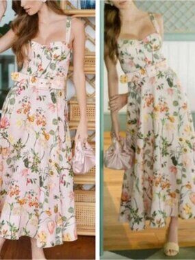 NWT Cara Cara x OTM Calypso Midi Dress Stem Mauve Blush Floral Linen Wedding